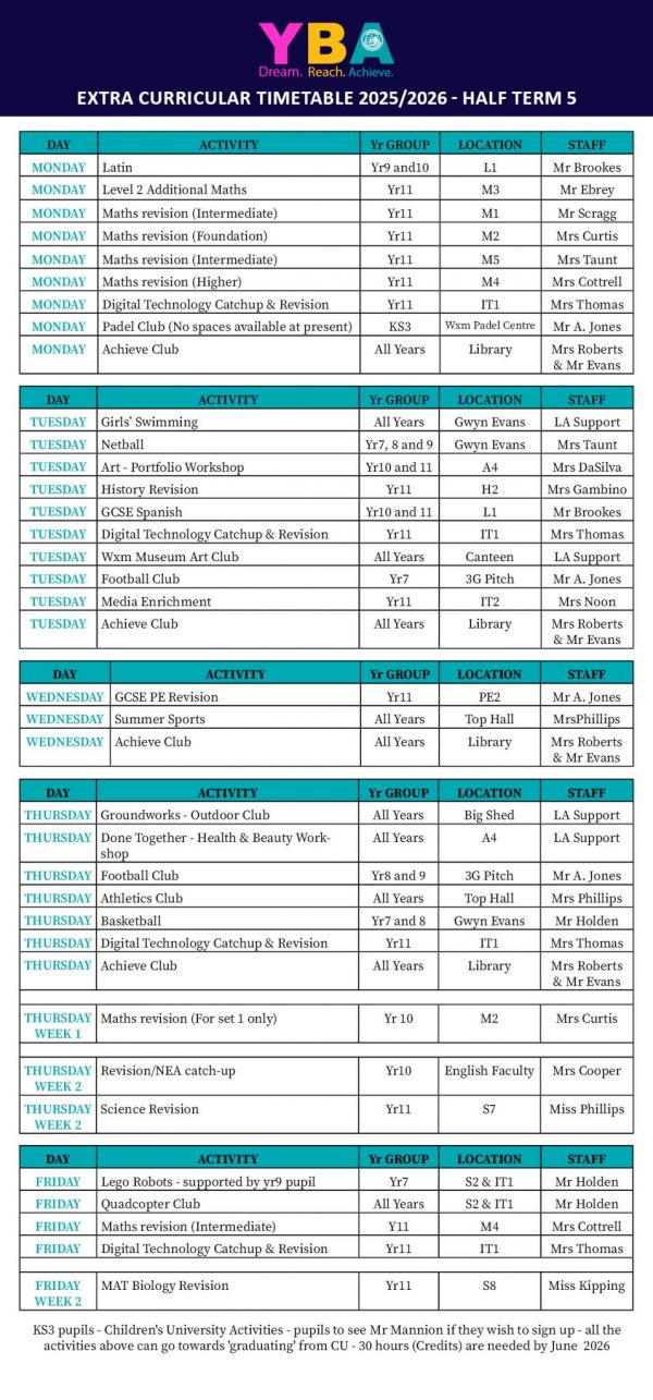 Extra Curricular Timetable 2026.2026 Half TERM 5